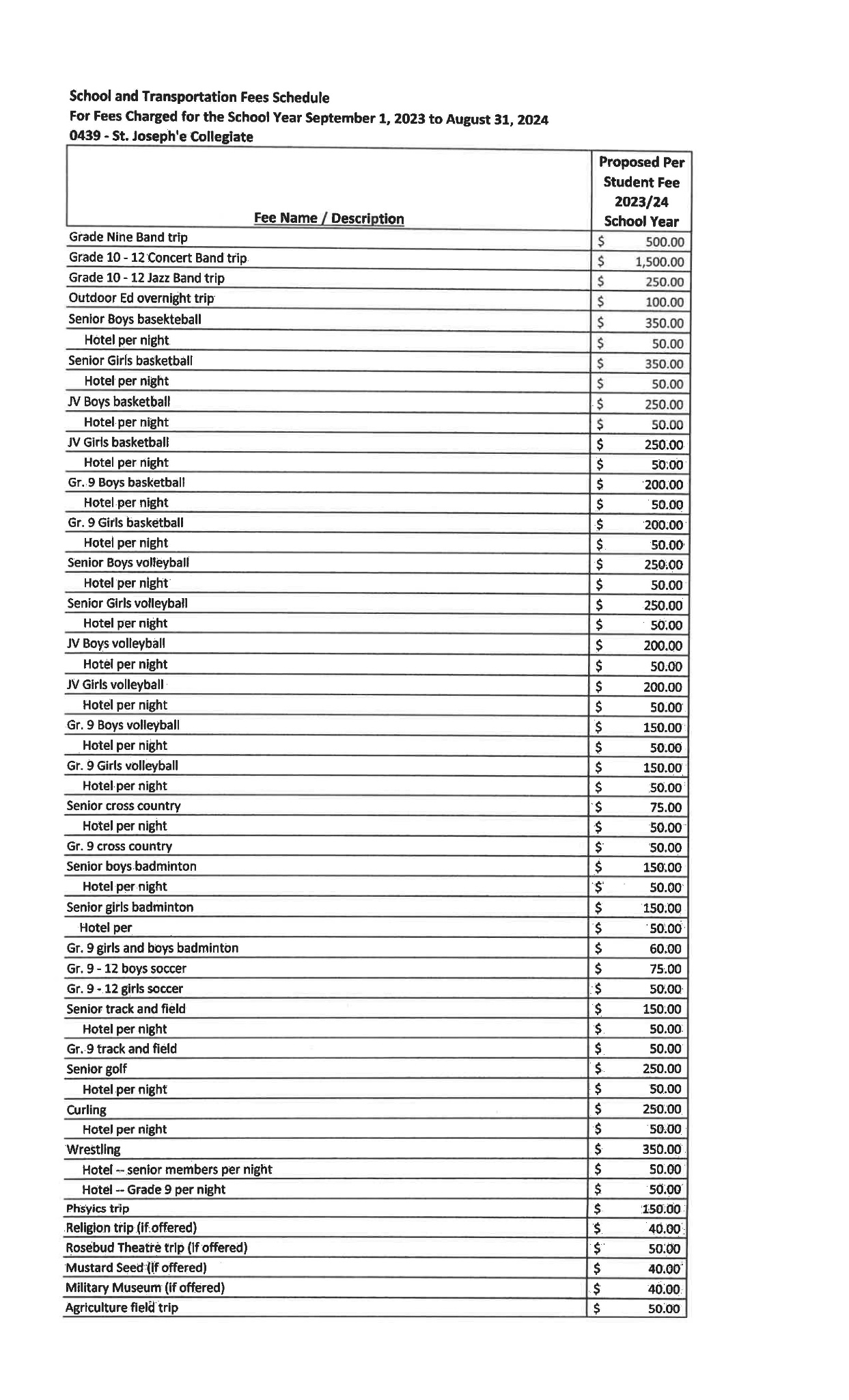 Updated Fee Schedule Page 1