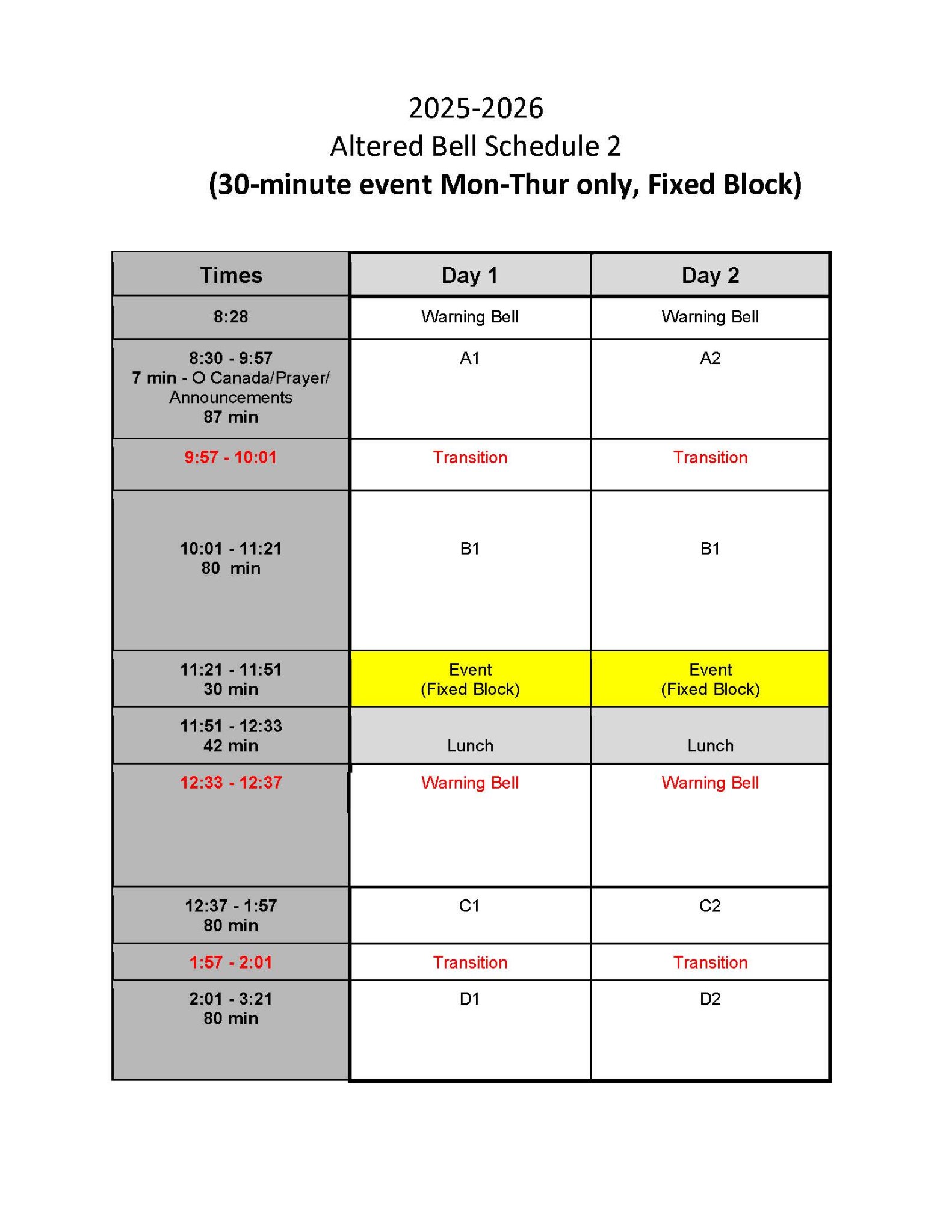 Bell Schedule 2025 2026 - altered 2
