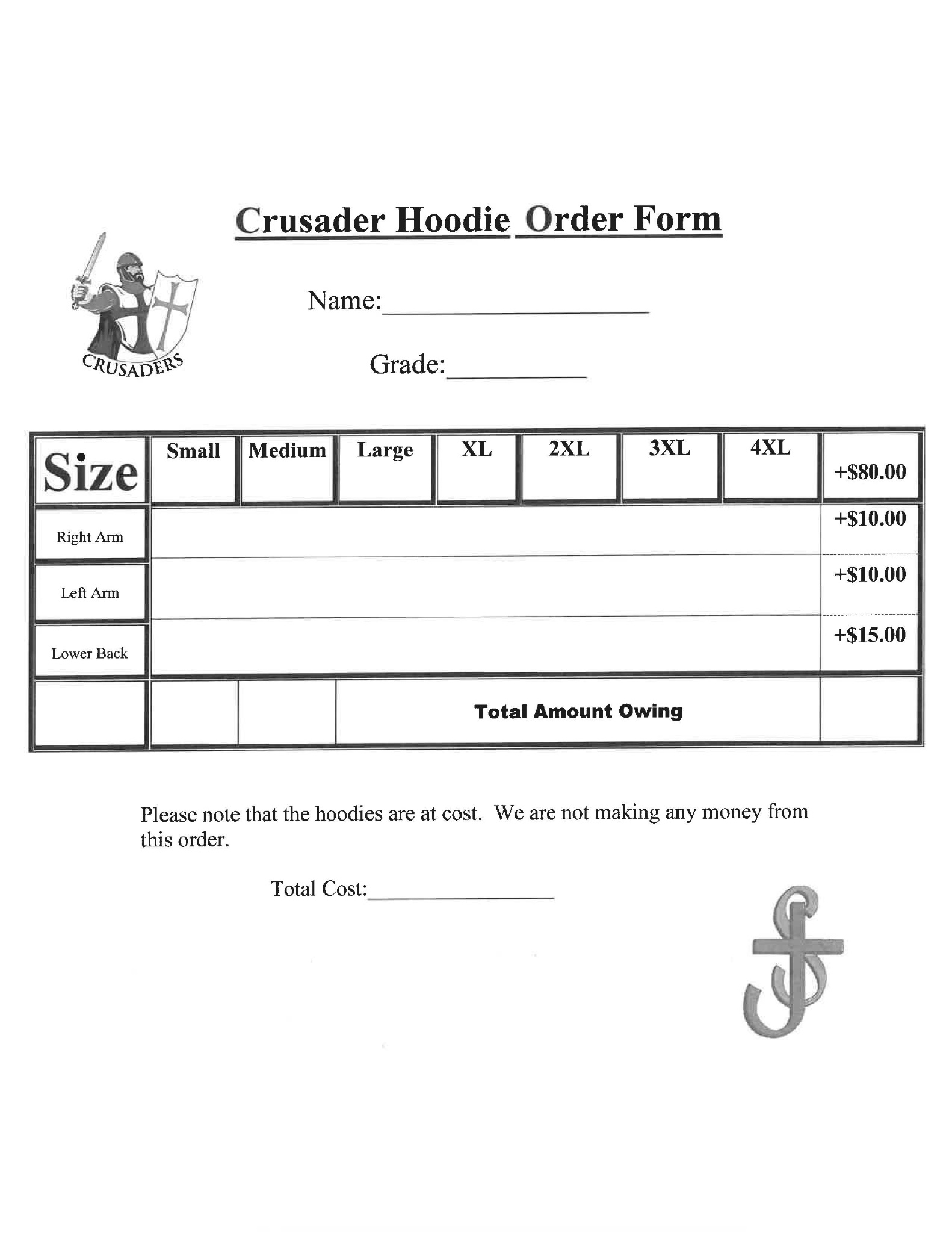 Crusader Hoodie Order Form