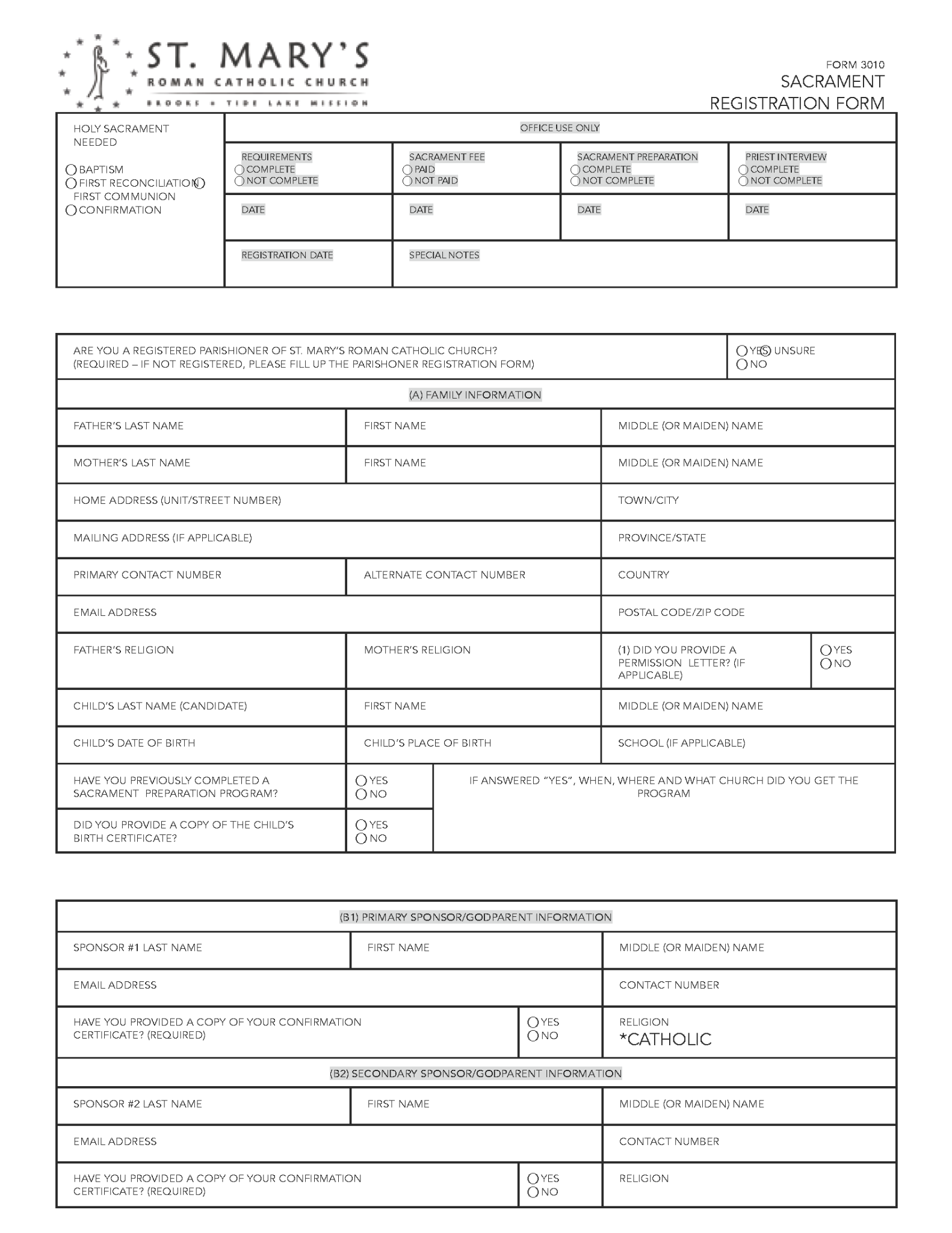 Sacrament Registration Page 1